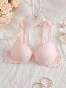SHEIN 1pc Wide Strap Lace Padded Underwire Bra For Small Bust Women - Baby Pink - View 1