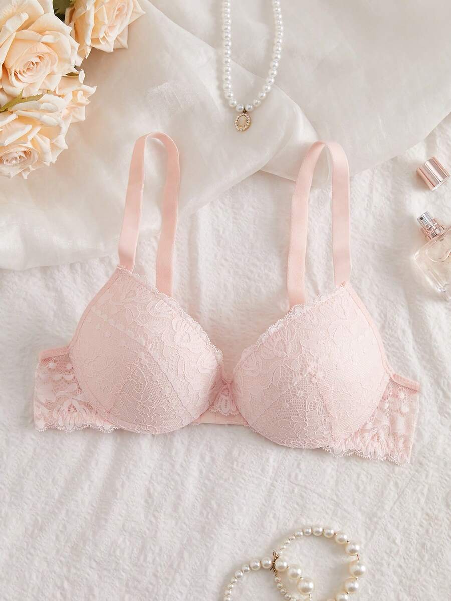SHEIN 1pc Wide Strap Lace Padded Underwire Bra For Small Bust Women - Baby Pink - View 1