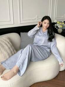 Dazy Plus Plus Size Solid Color Button Front Long Sleeve Top And Pants Pajama Set - Blue - View 5