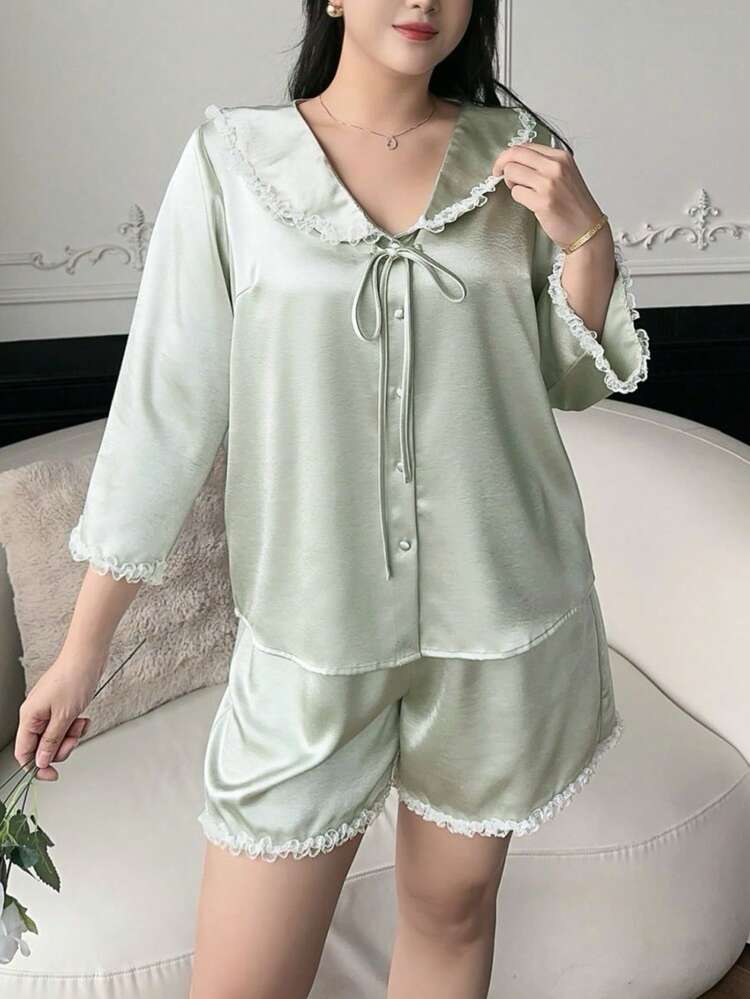 Dazy Plus Plus Size Women Single-Breasted Knotted Design Long Sleeve Top And Shorts Casual Loungewear Set