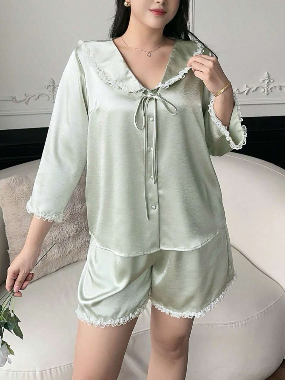 Dazy Plus Plus Size Women Single-Breasted Knotted Design Long Sleeve Top And Shorts Casual Loungewear Set