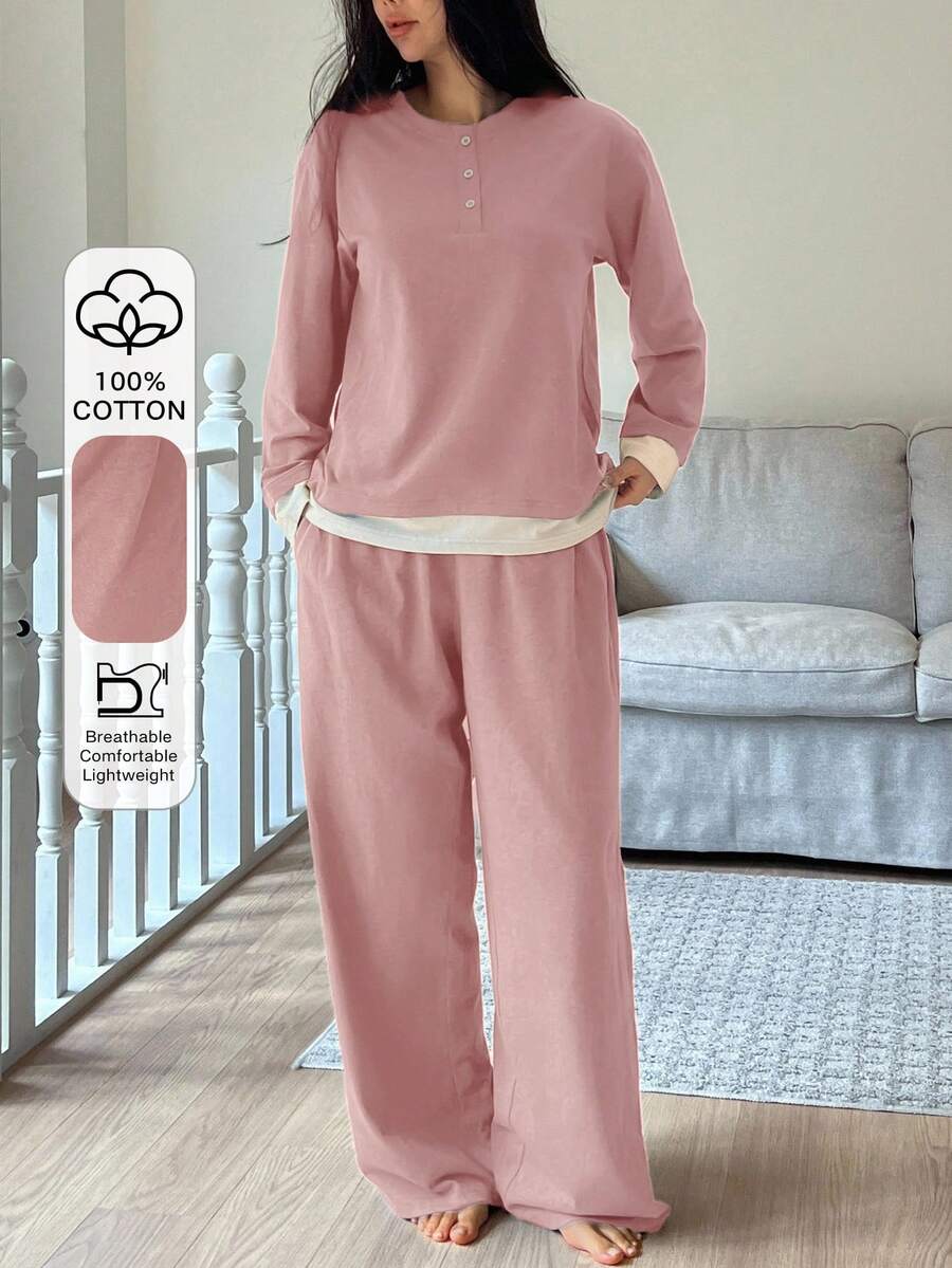 DAZY 女士秋冬极简撞色针织长袖上衣和裤子两件套睡衣套装 - 粉色 - 查看 1