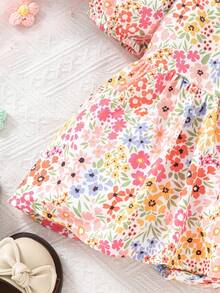 SHEIN Playful Pals Baby Girls' Floral Ruffled Bubble Short Sleeve Square Neck Dress, Spring/Summer - Red - View 8