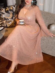 Modelyn Plus Size Women Elegant Pleated Sequin Fitted Long Knit Dress, Light Formal Wear, Spring/Autumn - Apricot - View 1