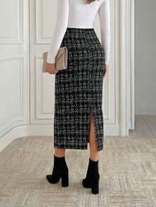Medorina Women's Contrast Color Elegant Casual Minimalist Daily Wear Skirt Pencil Black And White Checkered Plaid Office Panlakad Business Autumn Teachers' Day - Black - View 3