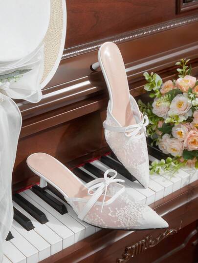 CUCCOO HITCHD Women's Fashionable & Elegant Bowknot Decor Embroidered Mesh Pointed Toe Pumps
