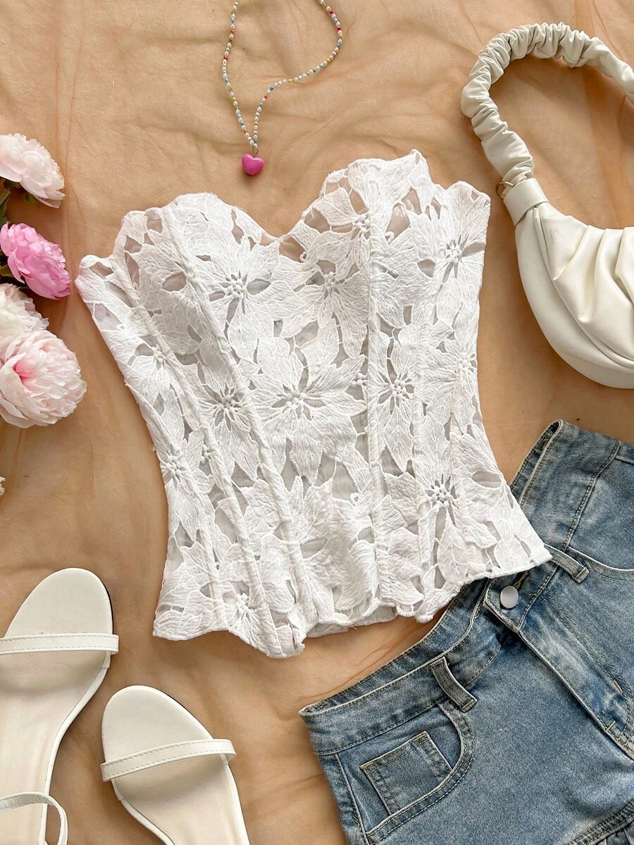 Soleia Áo corset ren nhiều lớp không dây gợi cảm, áo khoét rỗng thêu họa tiết, thích hợp cho hộp đêm dành cho nữ. - trắng - Xem 1