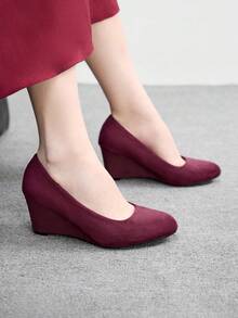 CUCCOO BIZCHIC Maroon Suede Wedge Pumps, Versatile Daily Casual Style For Commuting Spring Shoes - Jujube - View 4