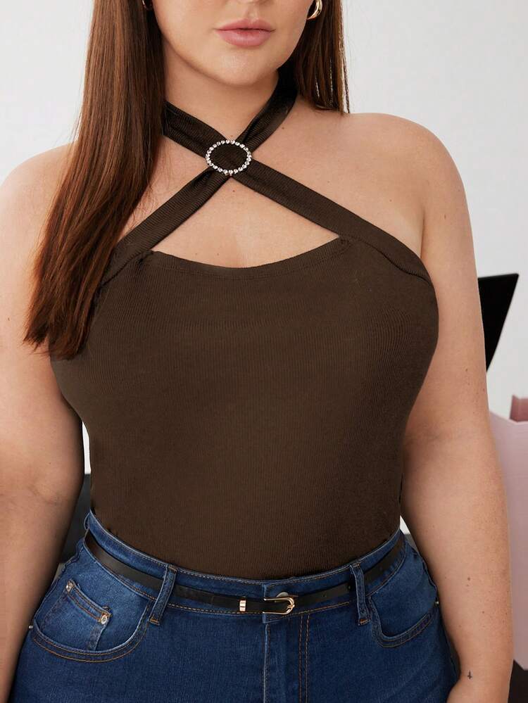SHEIN Maija Plus Size Women Brown Halter Neck Fitted Casual Everyday Top St Patrick's Day Women Easter Summer Easter Women Party Top Beach Summer Holiday Each Vacation For Women Summer For Women Going Out Graduation Graduation Casual Casual Blouses For Women, Summer Tops Halter Tops For Women Curve Halter Neck Top Curve Cute Top