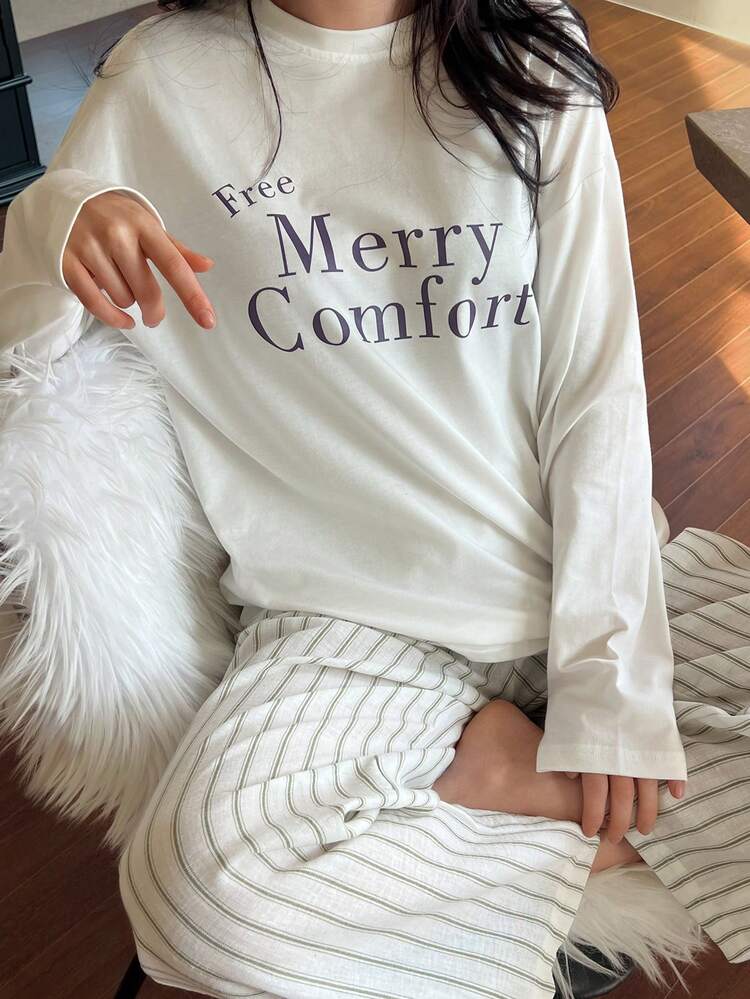 2pcs Women Graphic Print Loose Long Sleeve T-Shirt & Striped Straight Leg Pants Pajama Set, Spring/Autumn