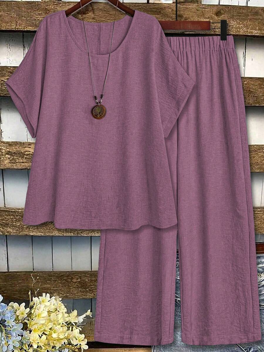 Linhara 女士加大码纯色圆领中袖上衣和阔腿裤休闲两件套 - 乾枯玫瑰色 - 查看 1