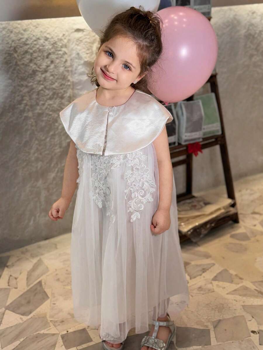Dazy Kids Vestido elegante de unicolor con parches de malla bordada para niña, ideal para vacaciones de verano - Blanco - Ver 1