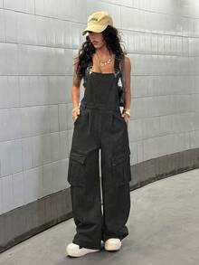 StreetHx Bộ jumpsuit denim dáng rộng, thoải mái, có túi nắp gập, dành cho nữ, phù hợp cho mùa xuân, hè và thu. - Xám - Xem 8