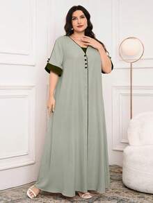 Al Najma 大码女式时尚撞色袖口长款阿拉伯风格连衣裙 - 綠色 - 查看 4