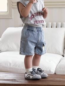 男童小熊图案浅蓝色牛仔宽松工装短裤 - 淺色水洗藍 - 查看 5