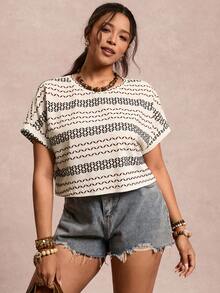 SHEIN VCAY 大码波西米亚风黑白几何镂空针织上衣，蝙蝠袖宽松短款T恤，复古休闲修身外套，夏季 - 彩色 - 查看 4