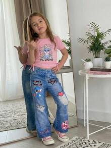 SHEIN 2pcs/Set Young Girls Light Pink Summer Cartoon Rabbit Print Short Sleeve Tee Top With Drawstring Sides And Graphic Flare Pants,Kids Fashionable Set - Pink - View 4