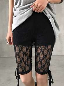 FRIFUL Quần legging nữ màu trơn, viền ren, thắt nơ ở eo, thích hợp cho mùa hè. - màu đen - Xem 8