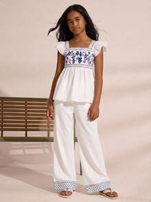 SHEIN White National Style Blue Embroidered Top & Wide Leg Pants Set, Summer Casual Holiday Tea Party Outfit, Square Collar Waist Doll Shirt For Tween Girl - Blue and White - View 8