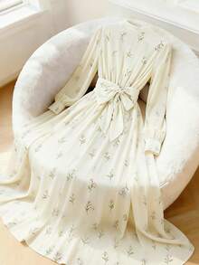 GlowEve 女士碎花V领A字连衣裙，优雅日常度假乡村复古通勤时尚情人节约会街头百搭派对杏色底碎花早春/春夏长袖新款中长连衣裙 - 彩色 - 查看 2