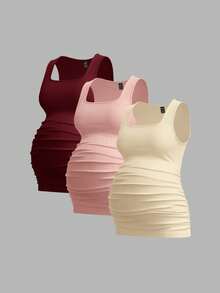 Modmama 3件套孕妇显瘦纯色背心，休闲简约，夏季必备 - 彩色 - 查看 3