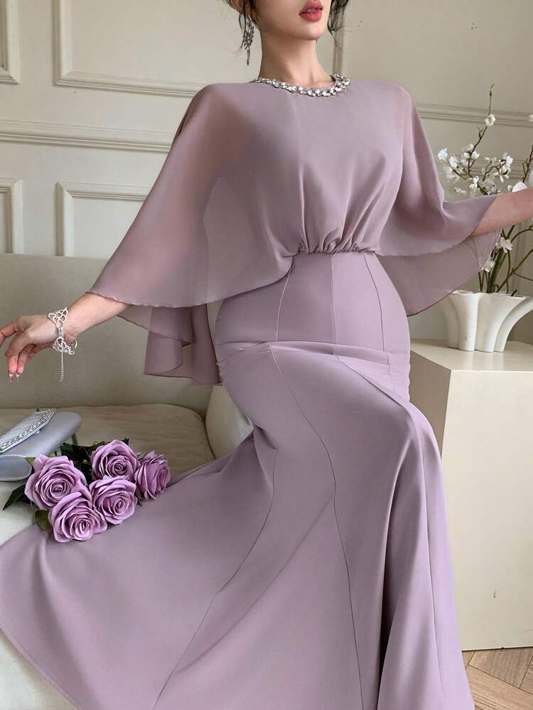 Women's Rhinestone Decor Waist Cinched Elegant Long Dress Sundress