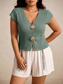 Elaquor Plus Size Solid V-Neck Metal Shell Decor Casual Short Sleeve T-Shirt - Mint Green - View 6
