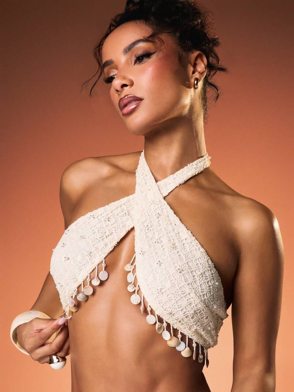 MISSGUIDED Crochet Cross Over Halter Neck Top With Shell Charm Fringe Detail Boho Festival Summer Sleeveless Bandeau