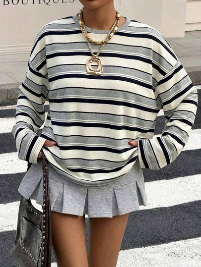 Muchica Graues gestreiftes Strick-Drop-Shoulder Shirt mit Rundhalsausschnitt und Raglanärmeln für Frauen