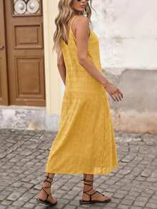 Brillora Vacation Solid Color Woven Spaghetti Strap Textured Midi Dress ,Summer Dress - Yellow - View 2