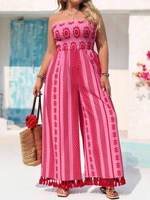 Vivid Eden Plus Size Boho Pink Folk Custom Pattern Strapless Long Jumpsuit With Shirred Details Woven Fabric Sleeveless Summer Outfit - Pink - View 14