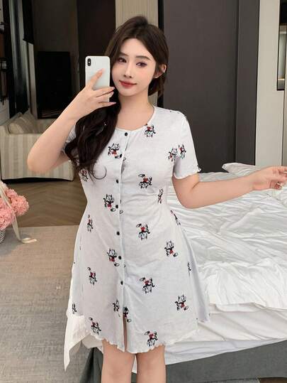 Dazy Plus Plus Size Cartoon Print Front Button Round Neck Short Sleeve Nightgown
