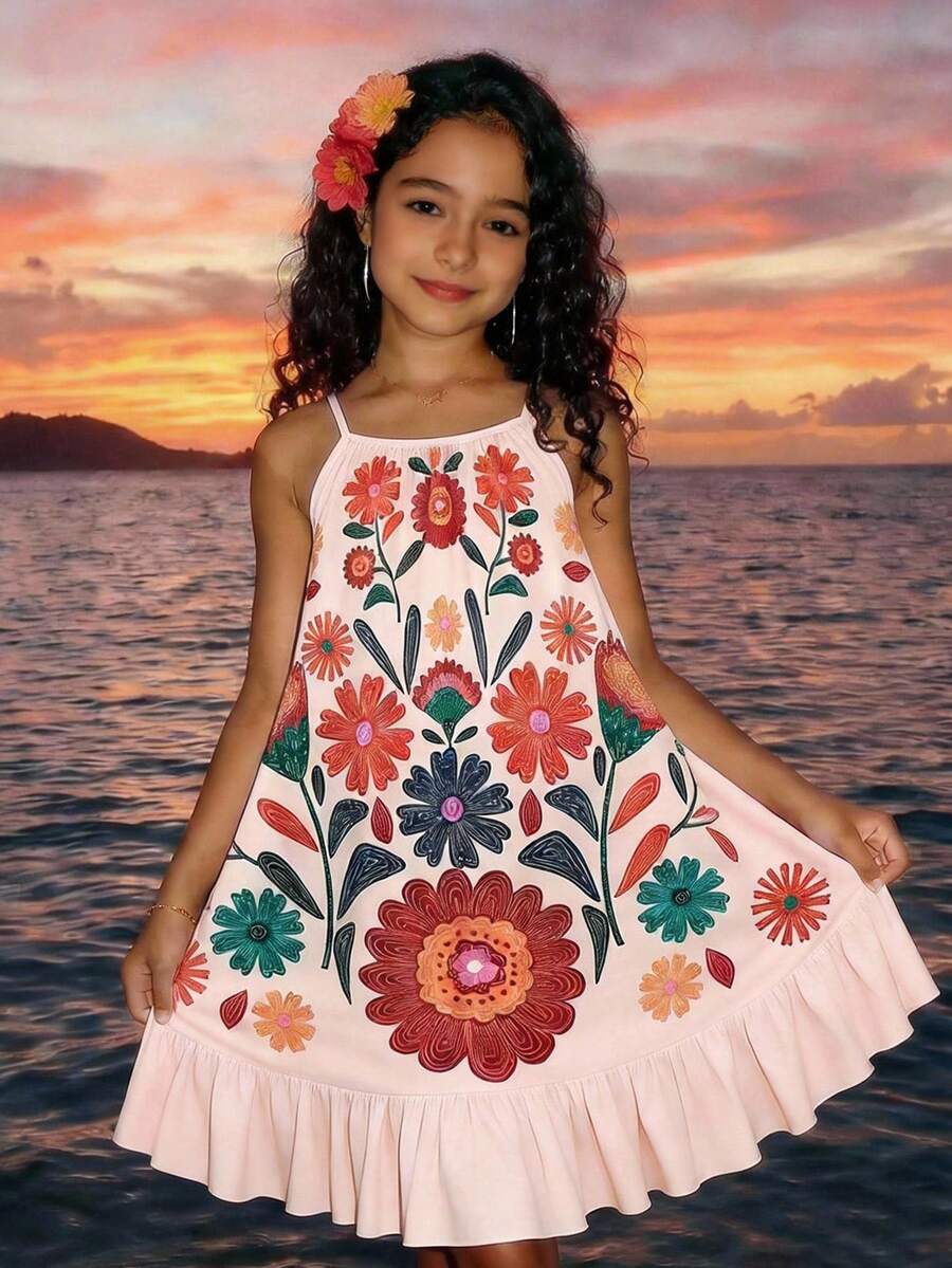 Sparklyn Robe sans manches à imprimé floral blocs de couleurs avec volant à l'ourlet, robe de vacances vintage et vibrante, parfaite pour les sorties d'été et les vacances - Multicolore - Voir 1