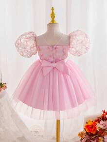 Glamorique Kids 女童花朵花童礼服，3D花瓣袖粉色薄纱公主裙，优雅适合派对、婚礼、庆典 - 粉色 - 查看 2