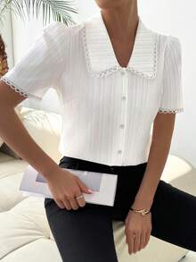 Pariaura 女士梭织纯色波浪条纹面料时尚蕾丝拼接短袖休闲衬衫，春夏款 - 白色 - 查看 6