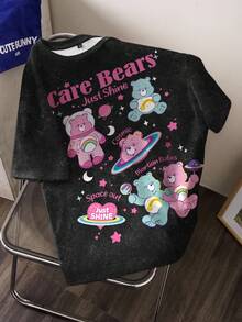 SHEIN X Care Bears Plus Size Cartoon Cute Print Short Sleeve Crew Neck T-Shirt, Versatile For Summer, Full Print - White - View 3