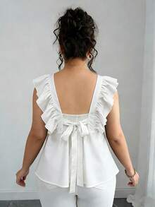 Elenzga Blusa de mujer talla grande con cuello cuadrado y ribete de volantes en unicolor - Blanco - Ver 5
