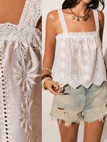 Poéselle Blusa casual versatile da donna con ricamo floreale, adatta per festival musicali estivi, appuntamenti, vacanze, spiaggia e resort - Bianco - Visualizzare 4