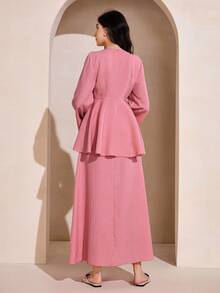 Graceveil Bộ đồ 2 mảnh thanh lịch dành cho nữ: Áo không tay màu trơn thắt eo, vạt áo bất đối xứng và váy xòe. - Hồng - Xem 8