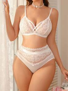 两件套蕾丝拼接镂空深V领性感女士内衣套装 - 白色 - 查看 7