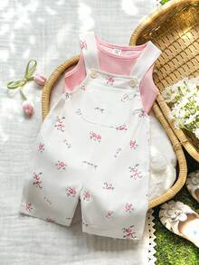 Vintaside Kids 女婴甜美碎花装饰背带裤和无袖上衣套装，宽松舒适，适合日常外出、休闲旅行、家庭聚会、夏季野餐。 - 彩色 - 查看 5