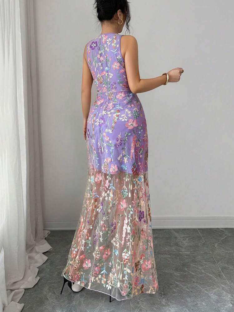 SHEIN Raffinéa Vestido elegante de mujer de cuello redondo sin mangas, con bordado romántico de malla púrpura, para fiestas y ocasiones, /verano - Morado - Añade 2
