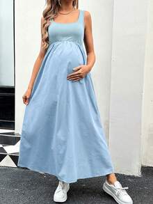 SHEIN 孕妇夏季休闲度假通勤撞色口袋连衣裙 - 淺藍色 - 查看 4