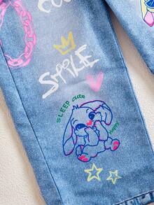 Young Girl' Fashionable Chain, Rabbit & Letter Print Bib Pants, Back To School Item, Stylish Jumpsuit For Spring, Summer, Autumn - Blue - View 3