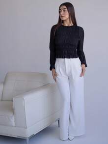 Andrea Bello Blusa a maniche lunghe con collo rotondo plissettato, tinta unita, da donna - nero - Visualizzare 6
