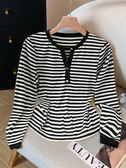 Franclia Plus Size Women's French Casual Elegant Striped Long Sleeve T-Shirt