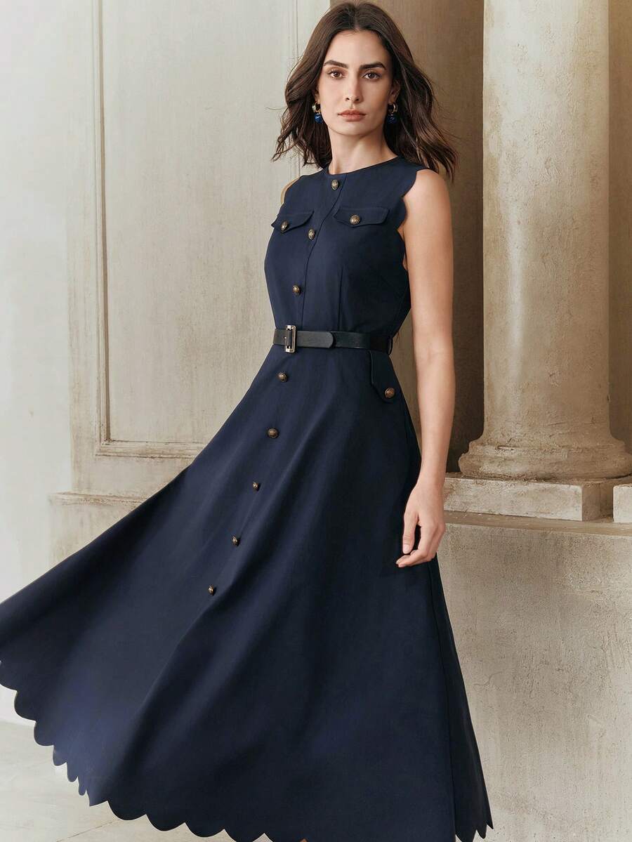 Anewsta Women's New Elegant Navy Blue A-Line Sleeveless Dress, Luxurious For Vacation Button Dress Navy Blue Dress - Royal Blue - View 1