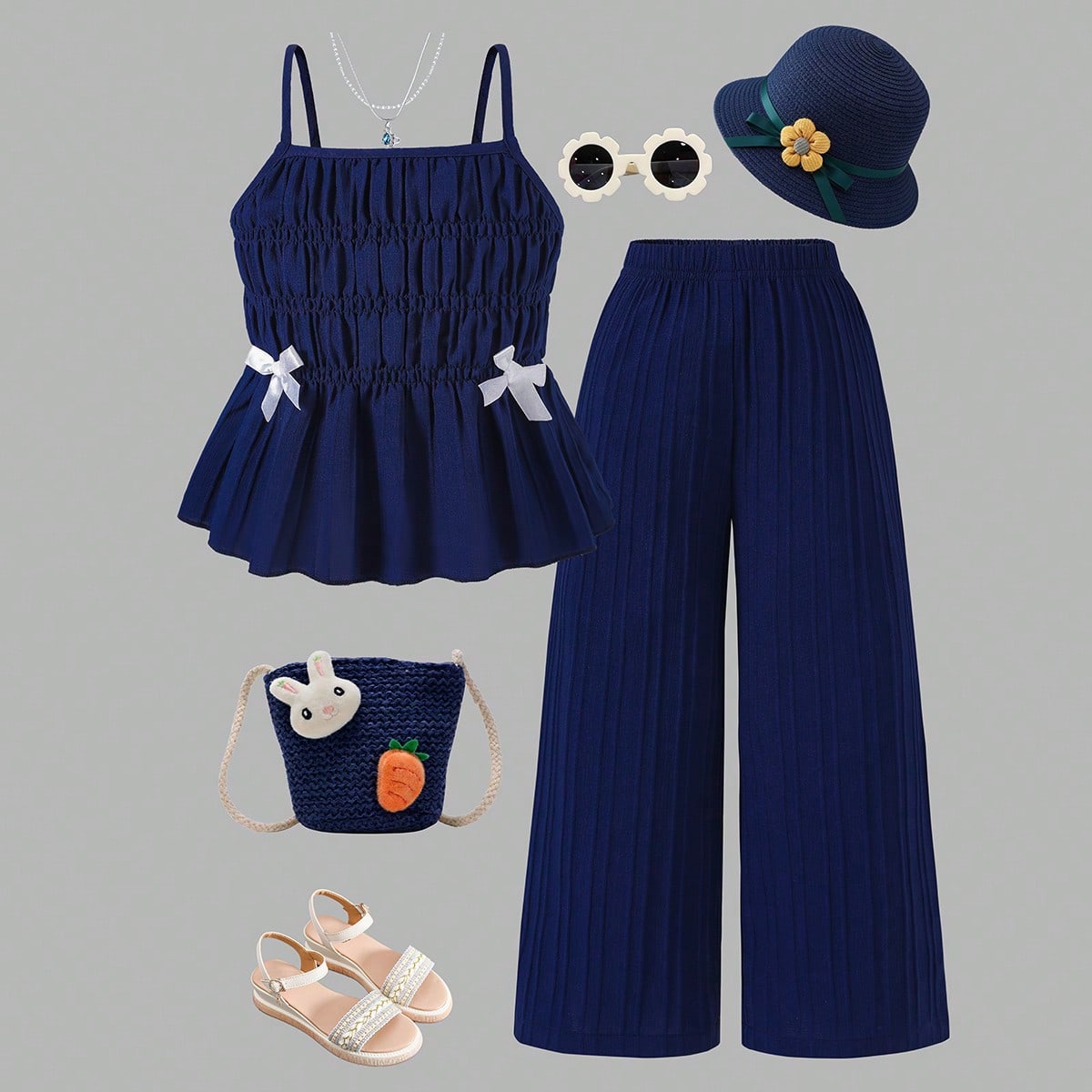 Conjunto de camiseta de tirantes con estampado de lazo a rayas y pantalones anchos fluidos para niña, verano
