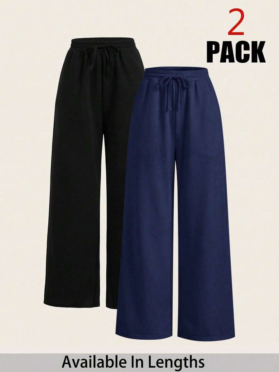 SHEIN PETITE CURVE 2pcs Plus Size Women Casual Solid Color Drawstring Waist Loose Wide Leg Pants, Versatile For Daily Commute - Blue - View 1