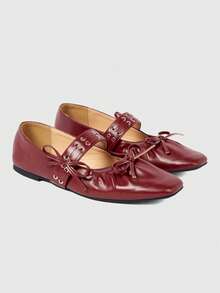 ROMWE Kawaii Chaussures plates à bout carré confortables avec décoration en nœud, style classique pour femmes - Rouge - Voir 3